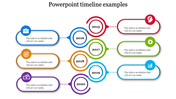 Timeline slide with six colorful circles representing years 2015 to 2020, each connected to text boxes with rounded edges.