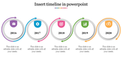 Timeline slide with five circular nodes and arrows in purple, blue, pink, green, and yellow, each containing icons and text.
