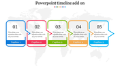 Business timeline infographic with five connected speech bubble-style arrows, each with a number, and caption areas.