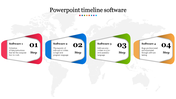 Timeline software template featuring four numbered steps in red, blue, green, and yellow shapes with descriptions.