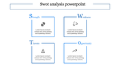 SWOT template with blue lines framing square shape, featuring text and icons for each segment.