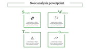 Green themed SWOT analysis slide with outlined squares, featuring bold titles, and centered icons for each category.