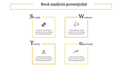 Modern SWOT diagram featuring yellow accented framed text areas, and symbols representing each quadrant.