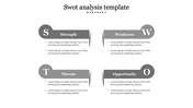 SWOT matrix design featuring four gray ribbon style sections with bold initials, category titles, and placeholder text.
