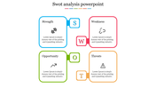 SWOT analysis template with four colorful bordered boxes in blue, red, green, and orange, each with icons.