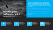 Investor pitch deck slide with a split layout, featuring a maze graphic with a running figure on the left.
