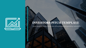 Corporate pitch deck template displaying a sidebar with a laptop chart icon, sleek city skyscrapers, and white typography.