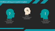 Problem solving slide with three human silhouettes in teal and beige, each with icons and text, on a dark background.