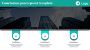 Conclusion template with a city skyline image and three numbered circular sections beneath, each containing placeholder text.