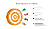 Target goals and objectives slide with an orange bullseye graphic hit by four darts, each linked to a goal description.