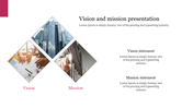 Slide featuring a trio of overlapping diamond shaped images, labeled vision and mission, with descriptions on the right.