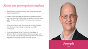 Professional about me slide with bullet points on the left and photo of CEO Joseph on a pink name bar.