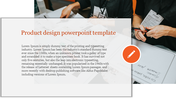 Slide layout featuring a design workspace photo, descriptive text block, and an orange pencil icon.