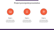 Slide showcasing three project steps with circular orange icons and corresponding text descriptions below.