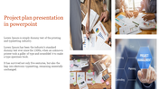 Project management slide displaying financial analysis, team collaboration, and digital planning concepts in a clean design.