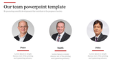 Team slide featuring three circular profile images of professionals aligned horizontally with names and descriptions below.