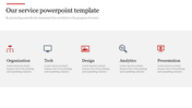 Slide featuring a white and gray background with five services displayed horizontally with red and blue icons.