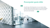 Business quote slide with a clean office setting, showing a white patterned wall and glass-walled workspace.