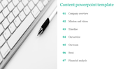 Content slide with a white keyboard and pen on the left and a numbered list of seven items on the right.