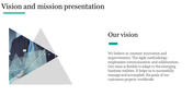 A triangular graphic on the left with a chart overlay, paired with a text section on vision on a white background.
