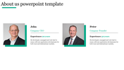 Two profile cards with green accents featuring men in suits, aligned horizontally on a white background.