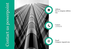 Modern contact slide with a skyscraper, vertical text bar, and three green icons for company address, phone, and email.