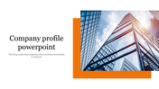 Slide with a large skyscraper image on the right framed by an orange border, and text on a white background to the left.