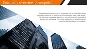 Professional company overview slide with a bold orange title bar, corporate skyscrapers, and expansion information.