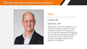 About me slide with an orange header, a professional headshot, and CEO details with experience and bio on the right.