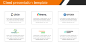 A PowerPoint slide with six company logos and corresponding text placeholders for a client presentation.