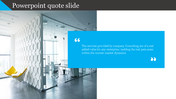 Quote slide with a modern office background on the left, a bold blue speech bubble on the right, and a dark header bar.
