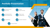 Portfolio slide with six blue circular icons on the left and a corporate team photo framed in a geometric design. 
