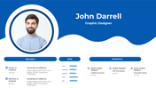 Graphic designer portfolio slide featuring a bold blue and white theme, a circular headshot, and detailed information.