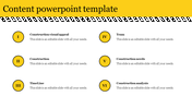 Content PPT slide with a yellow and black header, showcasing six topics related to construction in a structured layout.
