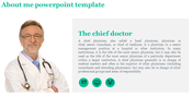 About me slide featuring a chief doctor in a white coat with text about the role and responsibilities of a chief physician.