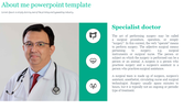 Profile slide featuring a male doctor in a white coat with a stethoscope, a teal section with three circular medical icons.