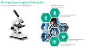Slide featuring a research microscope on the left and a hexagonal collage of research related images on the right.