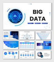Big Data slide with circular UI, data icons, network lines, charts, and structured text holders.