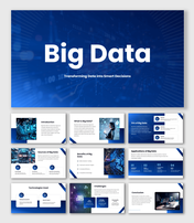 Big Data PowerPoint Template with blue gradient, data visuals, icons, shapes and clean structured slide layouts.