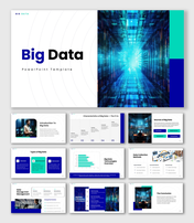 The Big Data PPT with blue server visuals, charts, icons, clean layouts, text boxes, and data analytics slides
