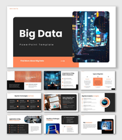 The Big Data PPT Presentation with dark theme, server image, charts, icons, clean text boxes and layout slides.