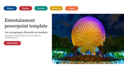 Entertainment template featuring a colorful theme park sphere on the right and navigation buttons at the top.