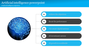 Artificial intelligence slide with a circuit brain graphic on the left and five key objectives in blue and black boxes.