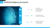 Artificial intelligence slide with a digital face outline, icons for data, technology, and strategy, and bullet points.