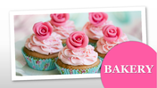 Close up of decorated cupcakes with pink roses and sprinkles, accompanied by a bakery label on a white theme.