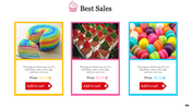 Bakery's best sales section features colorful desserts rainbow cakes, chocolate desserts, and macarons, with prices listed.