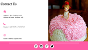 Contact us page featuring a Barbie cake with a pink frosting dress, with bakery contact details and social media links.