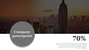 Company design slide featuring a cityscape background, a bold gray circle with text, and a 70% figure in large font.