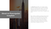 About us slide with a gray title banner, text on the right, and a background image of a city skyline with an airplane.