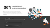 Marketing plan slide featuring a bold 80 percent statistic, business communication text, and graphics of devices and tools.